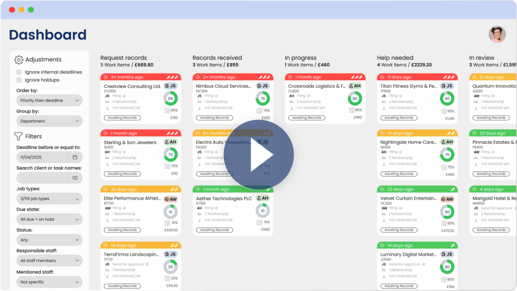 A sleek dashboard in our Practice Management Software showcases columns with project details, timelines, progress, and payment info. Each section features status indicators, company names, and amounts. A play button overlays the center of this intuitive interface.