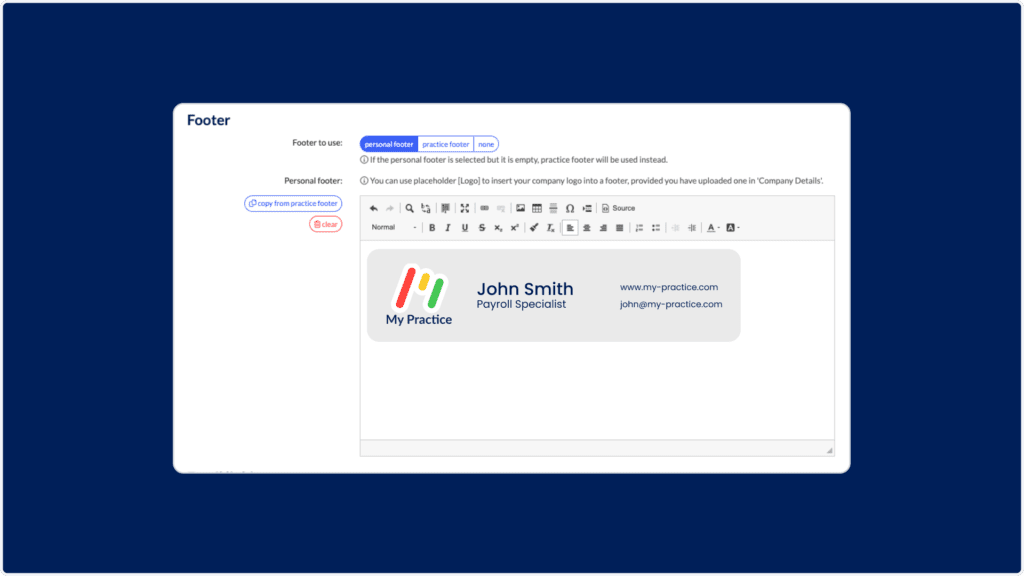 Screenshot of a web page displaying an email footer template editor with placeholders for a name, title, website, and email address. The footer includes the company logo and sample details for John Smith, Payroll Specialist, reminding users to review policies on Catch-Up Fees.