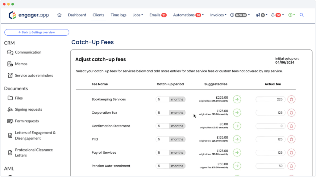 Screenshot of a software interface highlighting the Catch-Up Fees section. It details services like Bookkeeping and Corporation Tax with catch-up periods, suggested fees, and editing options. The interface features navigation tabs and CRM tools on the left for seamless management.