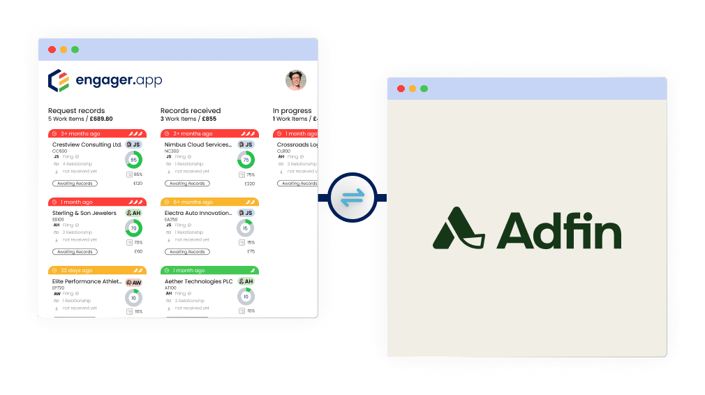 A side-by-side comparison of two software interfaces. On the left is Engager.app, displaying a dashboard with colorful charts and metrics. On the right is the Adfin logo with a green A symbol. An arrow connects the two images.