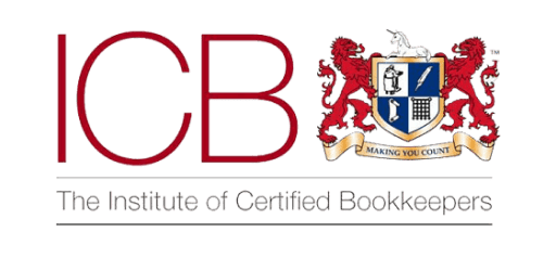 Logo of the Institute of Certified Bookkeepers. Large letters ICB in red, with a coat of arms featuring red lions, a shield with various symbols, and a scroll below reading Making You Count.