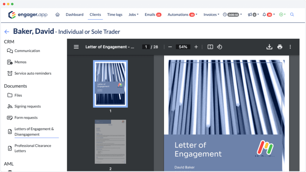 Screenshot of a webpage displaying a document titled Letter of Engagement by David Baker. The sidebar, featuring 2.0 enhancements, lists categories like CRM, Documents, Files, and Settings. The page offers a preview of the first page of the document.