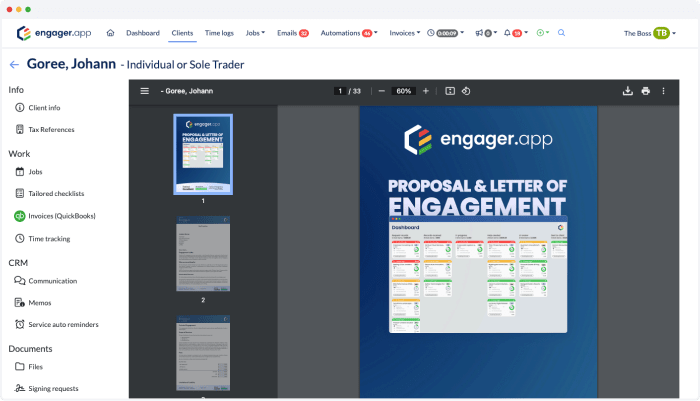 Screenshot of a document management dashboard showcasing the new Features 2.0, with a proposal titled Proposal & Letter of Engagement prominently displayed. The sidebar neatly organizes sections like Info, Work, and Tasks, each with detailed subsections for streamlined navigation.