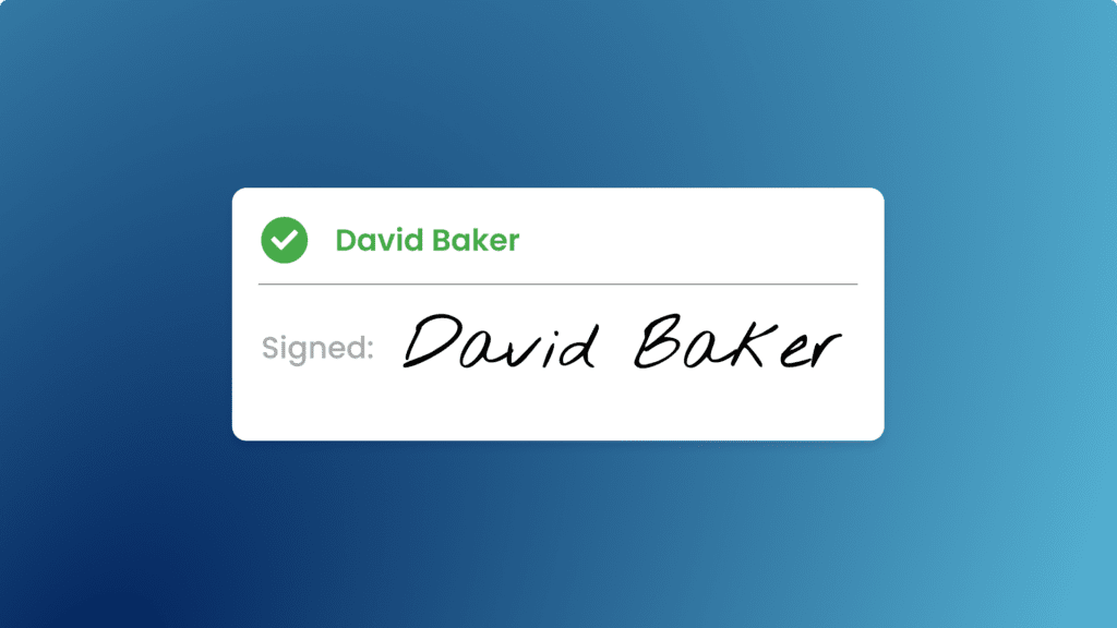 An eSignature image showing 'David Baker' has successfully signed their Letter of Engagement