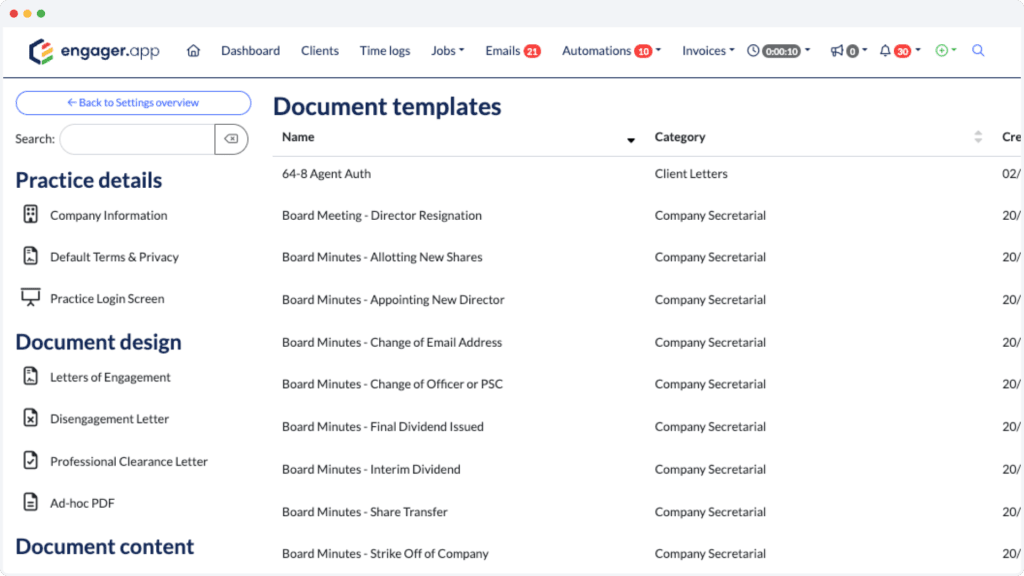 Screenshot of Engager.app's settings displaying document templates such as 64-8 agent auth, board meeting minutes and more.