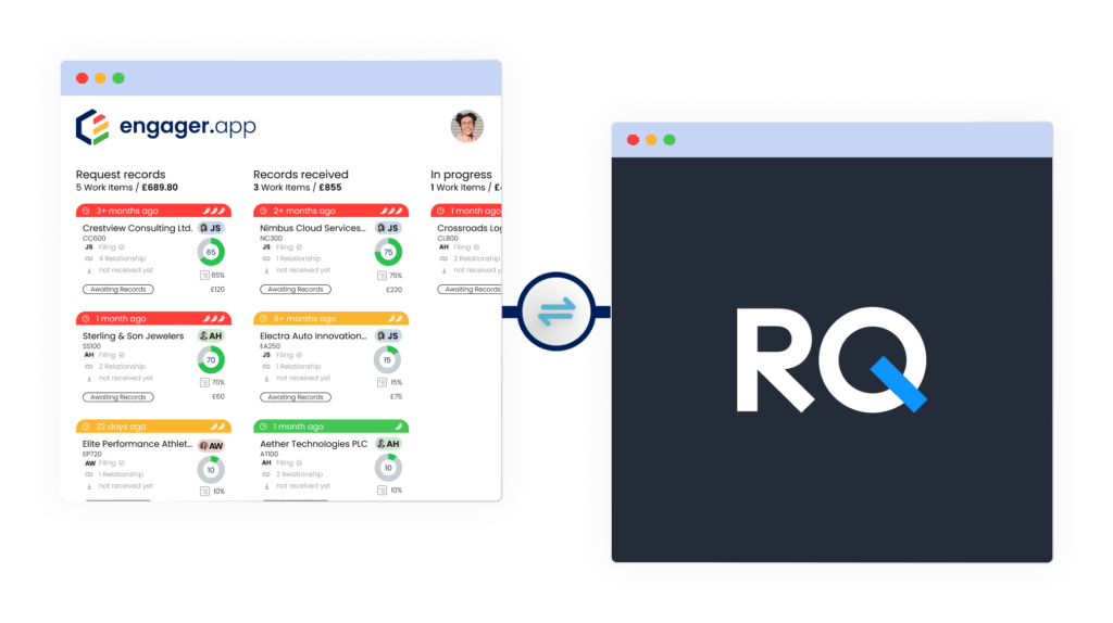 Two side-by-side screenshots: on the left, the engager.app interface displays request statuses and records; on the right, a logo with RQ on a dark background. An icon between them suggests a connection or transition.