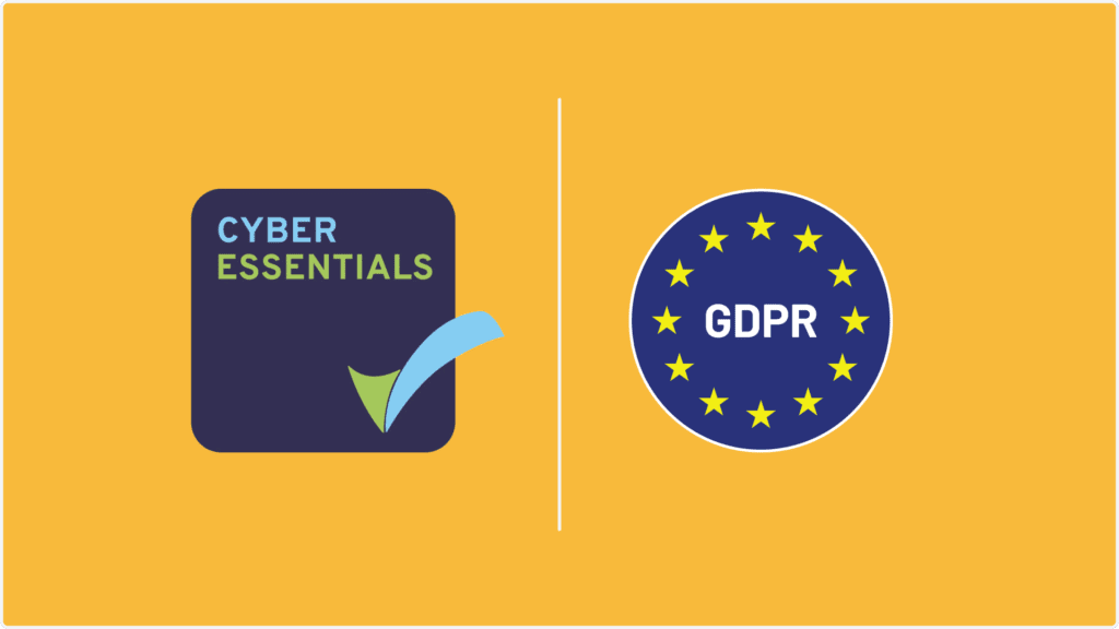 Yellow background with two icons. Left: Cyber Essentials logo in a dark square with a blue checkmark. Right: GDPR emblem, a blue circle with yellow stars, and GDPR in the center.