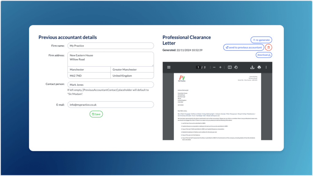 Screenshot of a digital form displaying Previous accountant details on the left, with fields like name, address, and contact. The right side shows a Professional Clearance Letter with options to regenerate or send to a previous accountant.