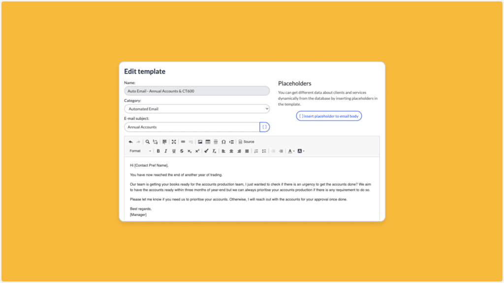 A screenshot of an email template editing interface, titled Edit template. It shows fields for name, category, and email subject, along with a text box containing a professional email draft. A Placeholders panel is on the right side.