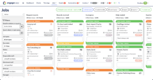 Explore our dashboard showcasing a robust job management interface, an essential feature of top accounting practice management software. It includes columns for job requests, records received, in progress, help needed, and queries. Each column contains detailed job cards while user filters are conveniently on the left.