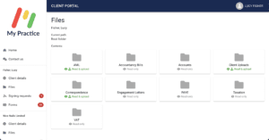 A client portal screen in the accounting practice management software features folders for categories like AML, Accountancy Bills, Accounts, and more. Each folder displays access permissions such as read & upload or read only, showcasing top-tier organizational features.