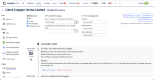 Screenshot of a top 10 client management interface showcasing features like a calendar, meeting filters, and email sorting options. The November 2024 section includes emails from an accounting practice management software, with one featuring an exchange about a received reply.