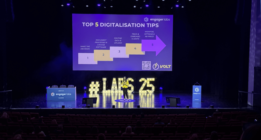 A stage features a large screen with Top 5 Digitalisation Tips as a purple arrow lists key steps: 1) Make the decision, 2) Document processes, 3) Drive data and innovation in accounting, 4) Train and onboard clients, 5) Monitor and optimize. Large #LABS25 letters shine brightly, as Eriona presents at Engager LABS 2025.