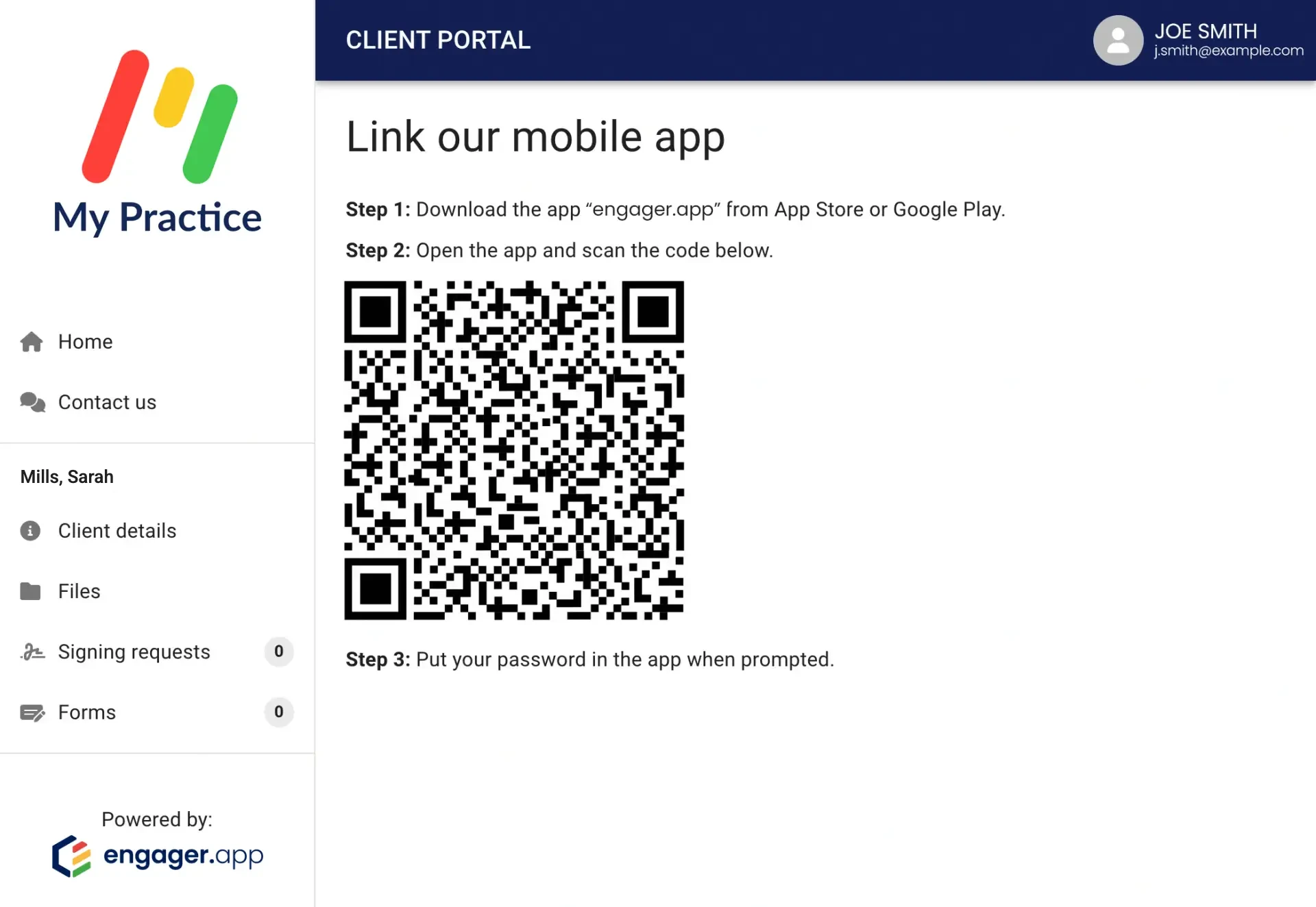 Link our mobile app screen with download instructions and a QR code to scan