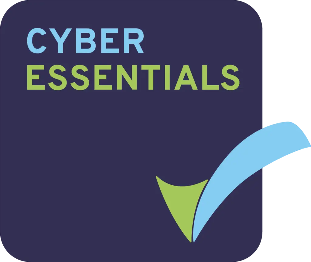 The image shows the Cyber Essentials logo with a dark blue background. The word CYBER is in light blue, and ESSENTIALS is in green. A blue and green checkmark is at the bottom right corner.
