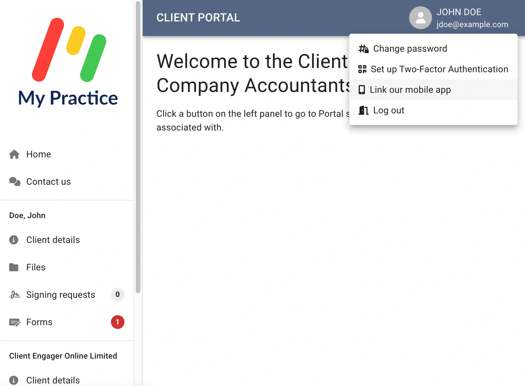 Client portal account menu with the Link our mobile app option