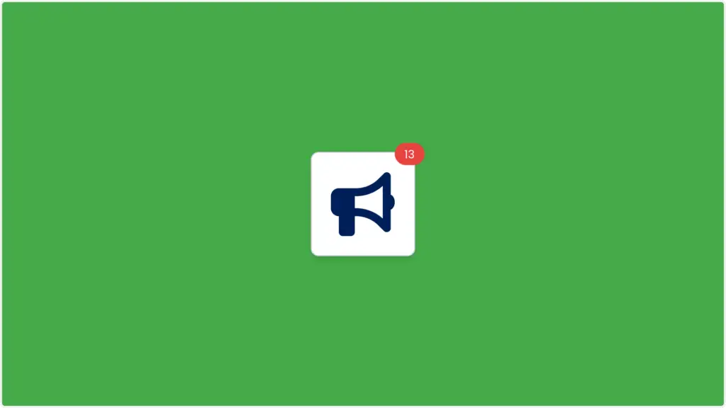 A green background showcases a white square with a dark blue megaphone icon, accompanied by a small red circle displaying the number 13, highlighting notifications for colleague tagging.