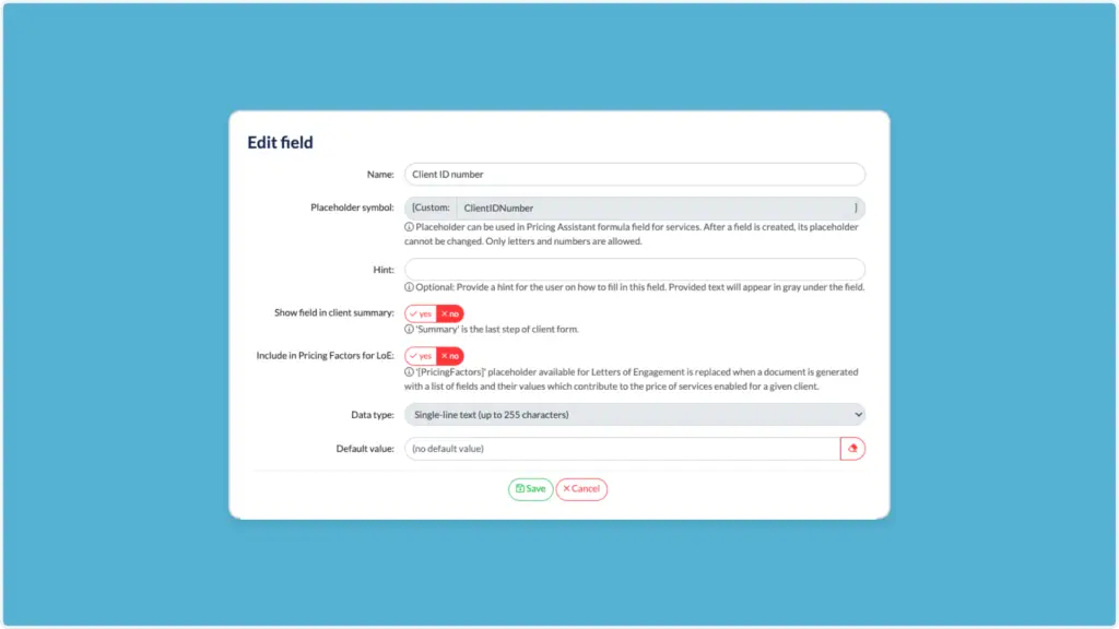 A screenshot of an interface displaying an Edit field form for customizing fields. The form includes input fields for name, placeholder symbol, and default value, plus radio buttons and checkboxes for display and inclusion options. Save and Cancel buttons are positioned at the bottom.