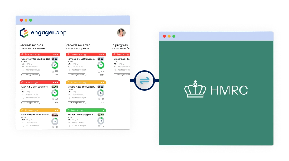 A diagram showing two connected browser windows. The first window displays engager.app with various progress bars and records. The second window shows the HMRC logo on a green background. An arrow indicates a connection between them.