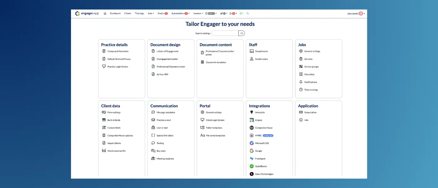 Engager.app's New Settings Landing Page
