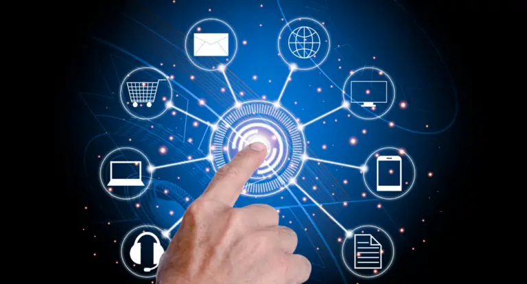 Hand touching a digital interface of connected icons