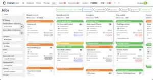 Explore our dashboard showcasing a detailed job management interface, an essential feature of top accounting practice management software. It includes columns for job requests, records received, in progress, help needed, and queries. Each column contains detailed job cards while user filters are conveniently on the left.