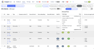 A screenshot of a client management dashboard highlights top features of Accounting Practice Management Software. It shows a list of clients with details like ID, status, company size, and annual fees. A dropdown menu for filtering by client type is open, displaying different fee categories.