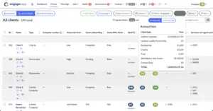 A screenshot of a client management dashboard highlights top features of Accounting Practice Management Software. It shows a list of clients with details like ID, status, company size, and annual fees. A dropdown menu for filtering by client type is open, displaying different fee categories.