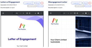 Two documents are displayed side by side on the screen, showcasing essential features of top accounting practice management software. The Letter of Engagement from My Practice is addressed to Your Client Limited, and a corresponding Disengagement Letter mirrors the layout, each offering send or download options.