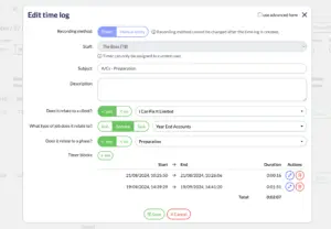 A screenshot of an Edit time log interface in top accounting practice management software showcases features to edit recording method, assign clients, select job types, write descriptions, and add timer blocks. Entries display start and end times, durations, and actions like edit or delete.