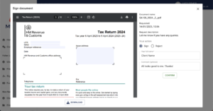 A digital interface showcasing a tax return document titled Tax Return 2024 highlights features such as options to sign, reject, or comment. Partially obscured text reveals addresses, numbers, and a signature field. A Download button is also visible—just another convenience in top accounting practice management software.