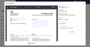 A digital interface showcasing a tax return document titled Tax Return 2024 highlights features such as options to sign, reject, or comment. Partially obscured text reveals addresses, numbers, and a signature field. A Download button is also visible, just another convenience in top accounting practice management software.