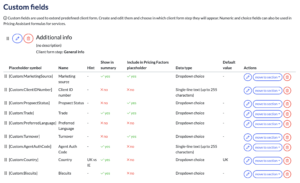 A table titled Custom fields in our Accounting Practice Management Software lists various placeholders with attributes like Name, Hint, and Data type. Features include text, dropdown, and checkbox options, ideal for managing input forms and pricing factors.