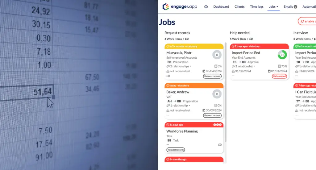 Spreadsheet figures beside Engager's job management screen
