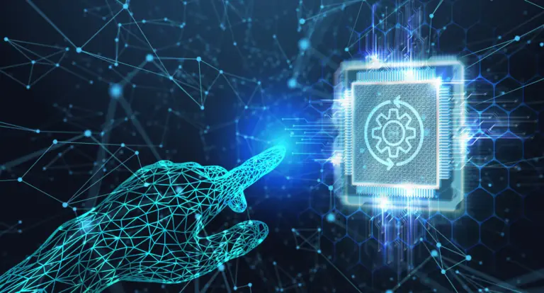 Digital hand reaching towards a glowing microchip