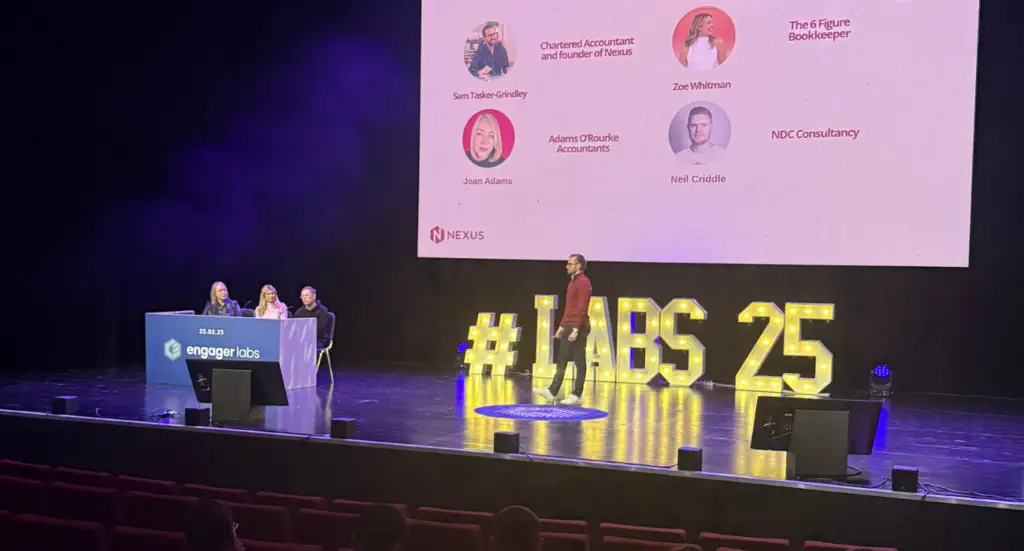 Sam Tasker-Grindley of Nexus speaking on stage at Engager LABS 2025