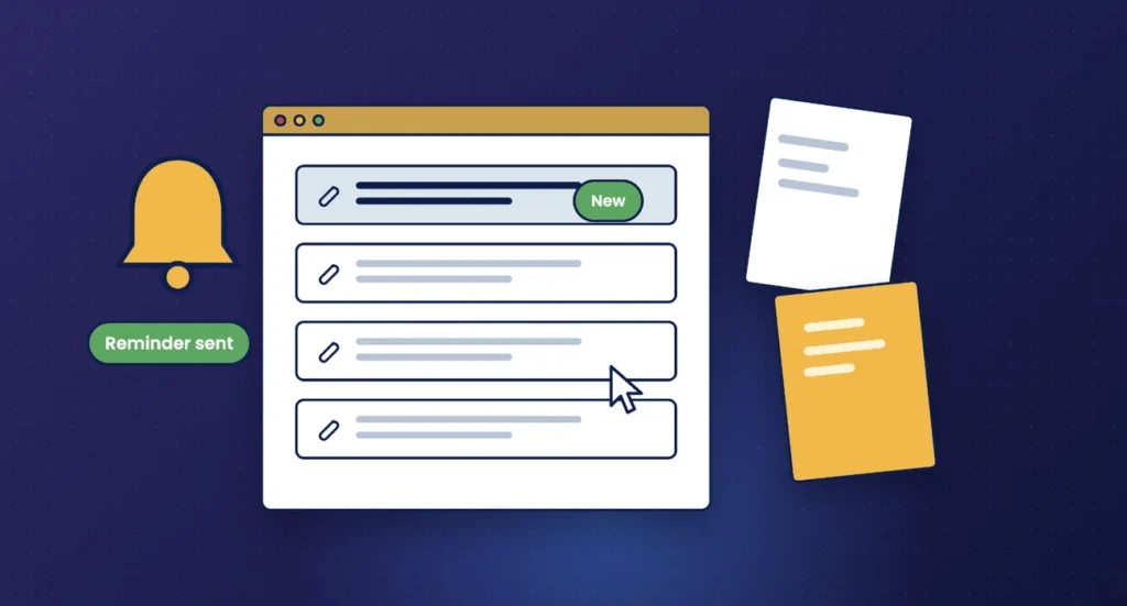 Illustration of an inbox of client records arriving, with a reminder bell