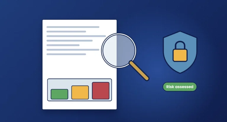 Illustration of a risk assessment document under a magnifying glass beside a security shield