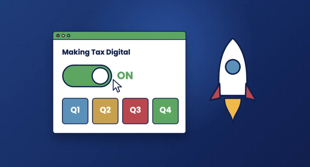 Illustration of a Making Tax Digital switch turned on, four quarter tiles and a rocket