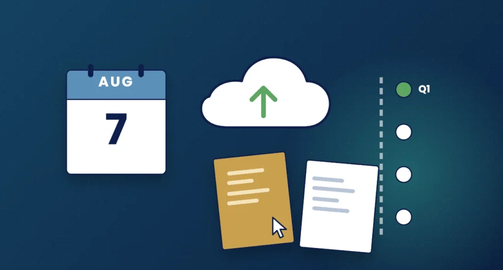 Illustration of a calendar showing 7 August, documents uploading to the cloud and a quarterly timeline