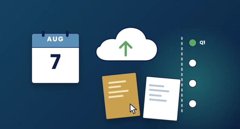 Illustration of a calendar showing 7 August, documents uploading to the cloud and a quarterly timeline