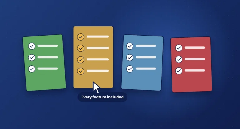 Illustration of four software feature checklists with one selected