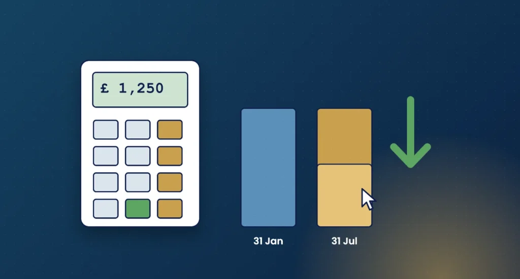 Illustration of a calculator beside payment bars for 31 January and 31 July, with the July payment reduced