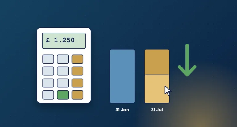 Illustration of a calculator beside payment bars for 31 January and 31 July, with the July payment reduced