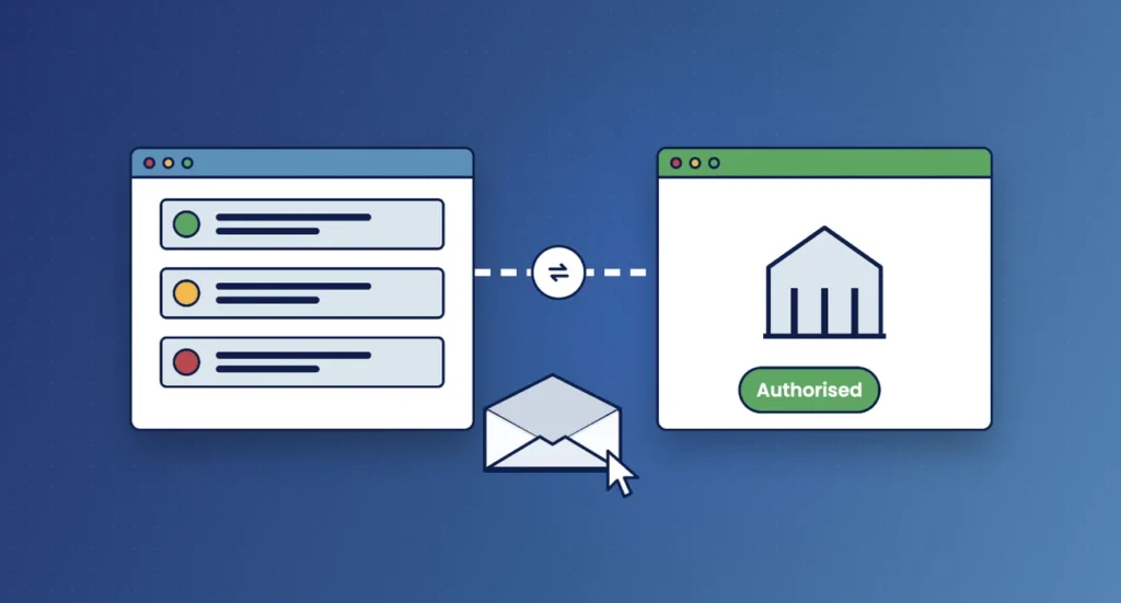 Illustration of a practice client list connected to an authorised government account, with an email