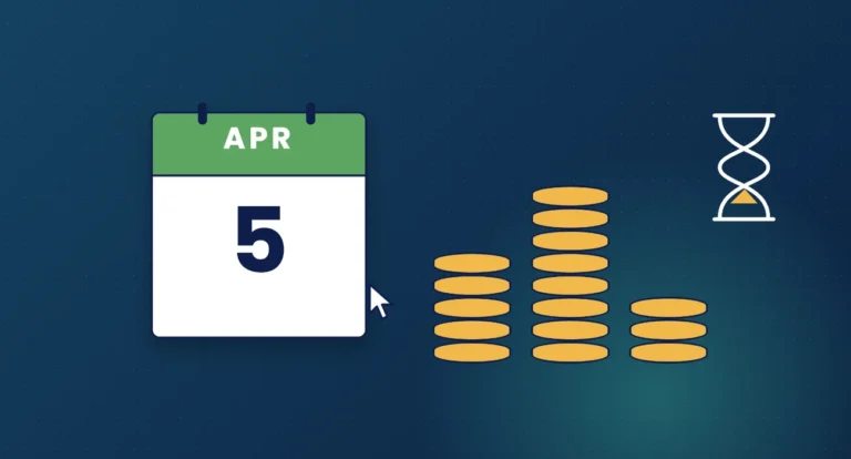 Illustration of a calendar showing 5 April beside stacks of coins and an hourglass