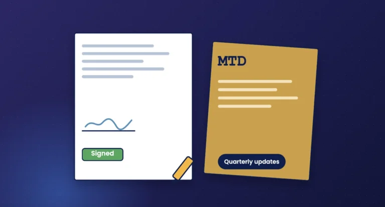Illustration of a signed engagement letter beside an MTD document about quarterly updates