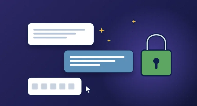 Illustration of AI chat messages with hidden client data beside a padlock