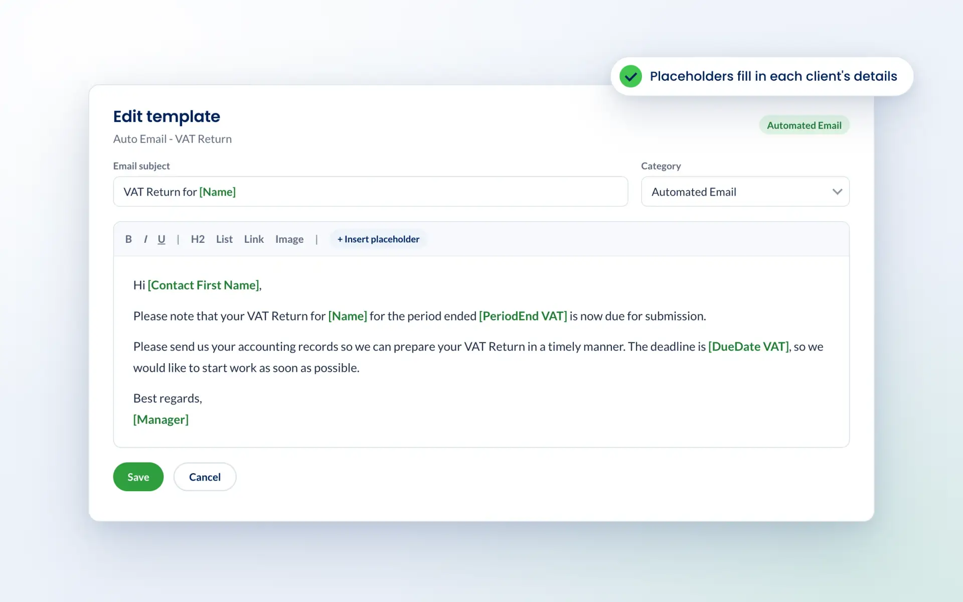Engager email template for a VAT return reminder with placeholders for client name and due date