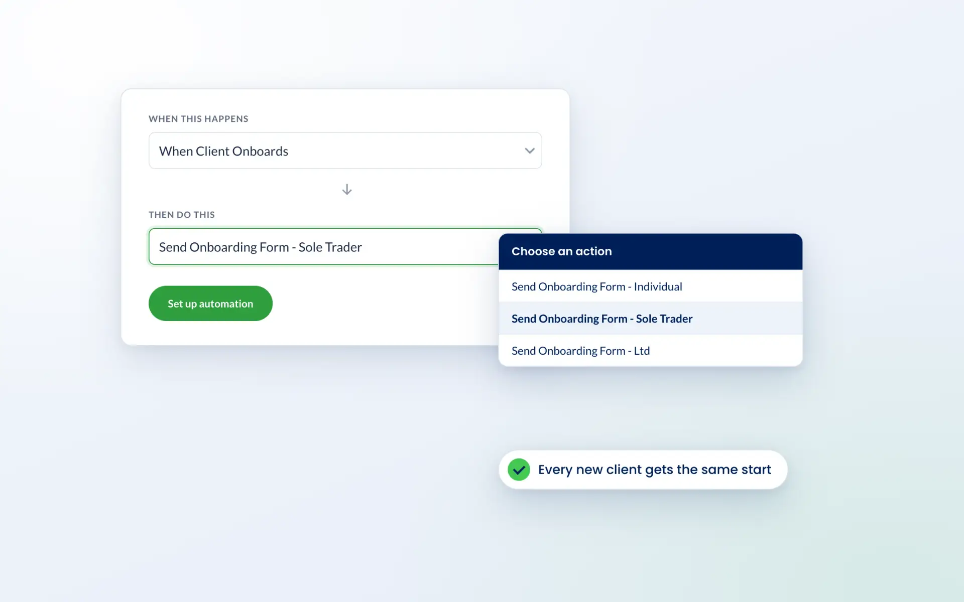 Engager automation that sends a sole trader onboarding form when a new client onboards